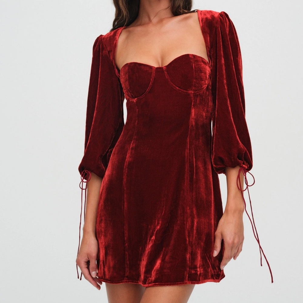 For Love And Lemons Velvet Mini Dress in Deep Red